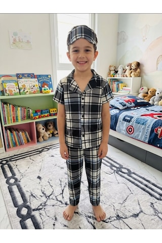 Aliş Kids Erkek Çocuk Pamuklu Gri Ekose Desenli Kısa Kollu Gömlek Yaka Düğmeli Yazlık Pijama Takımı