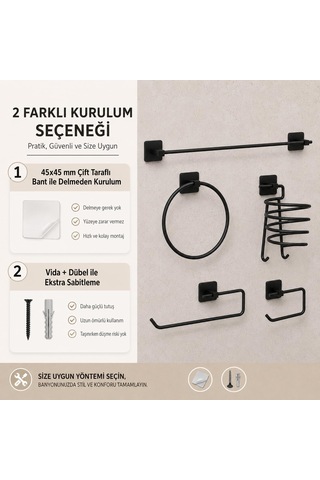 Alper Banyo 5 Li Siyah Banyo Seti, Yapışkanlı Ve Vidalı Montajlı,