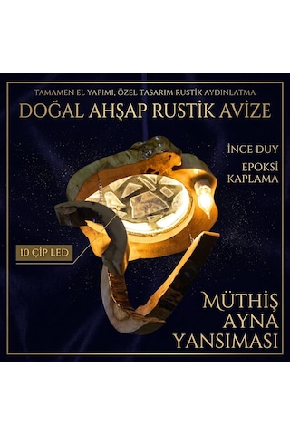 Doğal Ahşap Kütük Epoksi Avize - Kırık Ayna Detaylı Zincir Askılı Özel Tasarım Sarkıt Avize Açık Kahverengi
