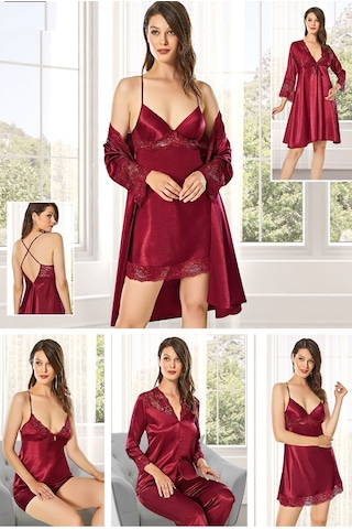 Alissa 8610 Kadın Saten 6'lı Set-bordo Bordo
