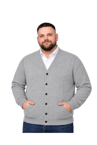 Battalmoda Erkek Büyük Beden Gri Cepli Düğmeli Triko Hırka 3xl-4xl-5xl-6xl