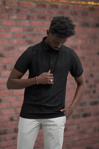 Regular Fit Likralı Kendinden Çizgili Polo Yaka T-shirt Siyah