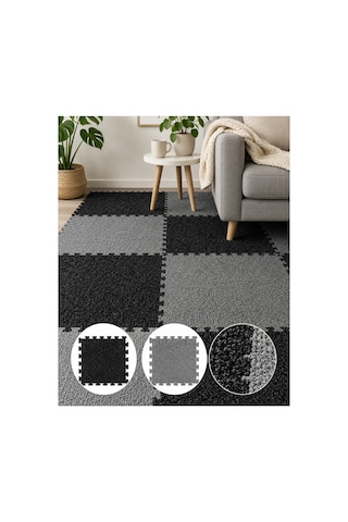 Puzzle Karo Halı Geçmeli Modüler Yer Döşemesi Siyah Gri Karo Halı Ofis Halısı Ev Halısı Çalışma Odası Zemin Kaplama Halısı Sök Tak Kullanımlı 50x50 Cm Siyah