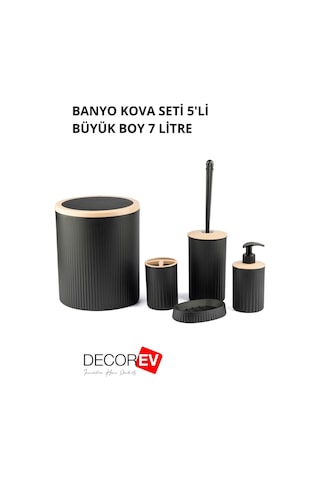 Decorev 5'li Banyo Seti Siyah Tuvalet Kova Wc Set Siyah