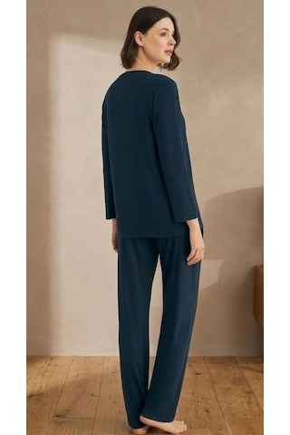 Bicomi Önden Düğmeli, Kolay Kullanım Gece Mavisi Şık Pijama Seti Gece Mavisi