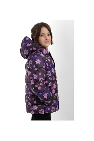 Kız Çocuk Mor Kar Tanesi Desen İçi Polar Su Ve Rüzgar Geçirmez Kapüşonlu Cepli Şişme Kışlık Mont Mor