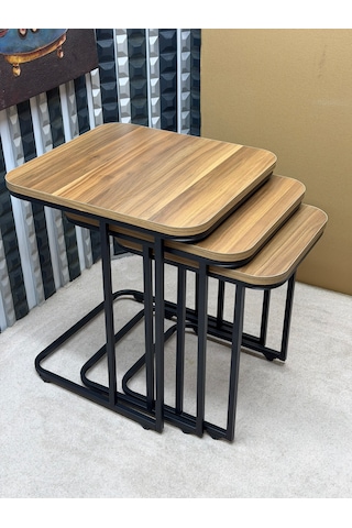 3 Lü Zigon Sehpa Seti Metal Ayaklı Ahşap Desen Tabla Modern Tasarım Amalfi Cevizi