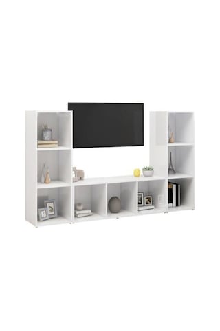 Nehir Kitaplıklı Televizyon Sehpası Ünitesi Kitaplık Beyaz 150 Cm 9 Raflı Beyaz
