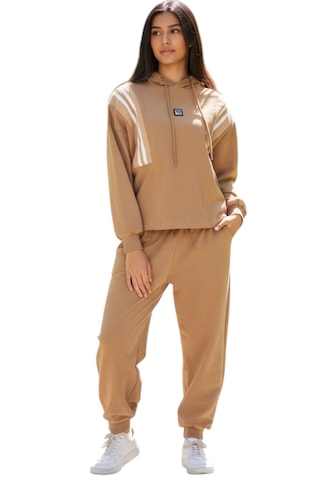 Kız Çocul Çizgi Şerit Detaylı Kapüşonlu Jogger Model Açık Kahverengi Renk Eşofman Takımı Açık Kahverengi