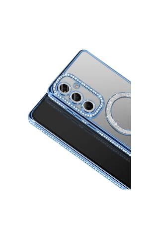 Samsung Galaxy S26 Uyumlu Kılıf Parlak Taşlı Simli M-safe Telefon Kılıfı Kapak Mavi