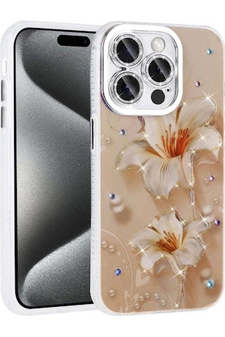 Apple Uyumlu iPhone 15 Pro Kılıf Çiçek Desenli Parlak Taşlı Sert Silikon Zore Garden Kapak Pembe Açık