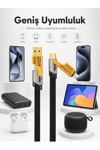 65w Hızlı Şarj Kablosu 4in1 - Araçta Kullanıma Uygun - Type-c To Usb - Type-c To Lightning 27w Pd Destekli - İphone Android Macbook Uyumlu