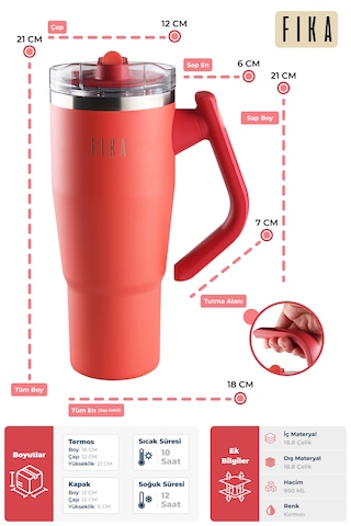 Fika Lumi Patentli Döner Kulplu Sızdırmaz Çift Ağızlıklı Çelik Termos 950 Ml Kırmızı