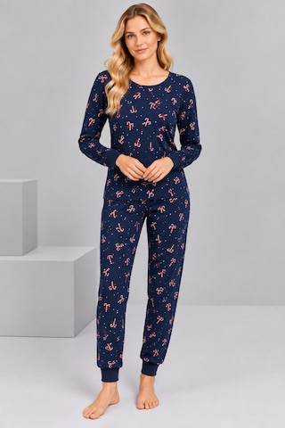 Pijamask Kadın Lacivert Baston Şeker Desenli Pamuklu Pijama Takımı Lacivert