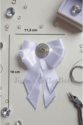 Kadın Fiyonk Broş-beyaz. Parlayan Rhinestone Çiçek Detaylı. Fiyonk Broş Kurdele. El Yapımı Özel Çok Renkli