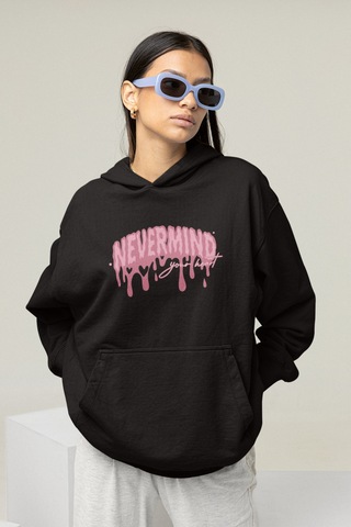 Nevermind Unisex Oversize Hoodie Sweatshirt Pembe Baskılı Kapüşonlu Siyah
