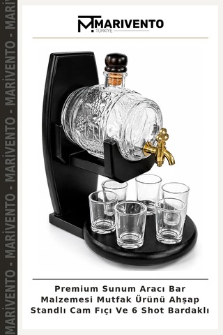 Premium Sunum Aracı Bar Malzemesi Mutfak Ürünü Ahşap Standlı Cam Fıçı Ve 6 Shot Bardaklı Çok Renkli