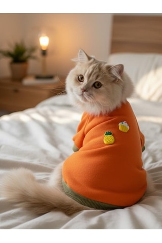 Kemique Ice Cream & Pineapple Turuncu Haki Kedi Polar Sweatshirt Sıcak Tutan Yumuşak Kedi Kıyafeti