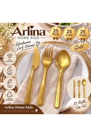25 Kişilik Gold Plastik Çatal-kaşık-bıçak Seti 75 Parça Altın