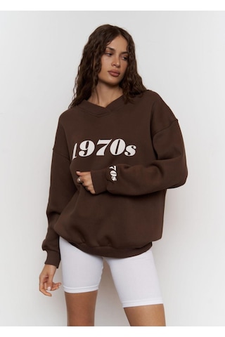 Kadın Katlamalı V Yaka 1970's Baskılı Oversize Sweatshirt Kahverengi