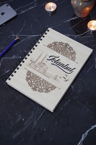 A5 Spiralli Istanbul Desen Ahşap Defter - Ajanda - Çizgisiz Defter Ahşap Rengi Banu - A5 Notebook Gümüş