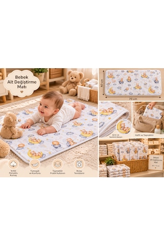 Zeyno Home Tekstil Pamuklu Bebek Alt Değiştirme Minderi 40x70 Cm Ayıcıklı Desenli Taşınabilir Bebek Bakım Matı