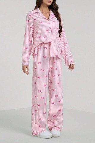 Bella Notte Pembe Fiyonk Baskılı Çizgili Pijama Takımı