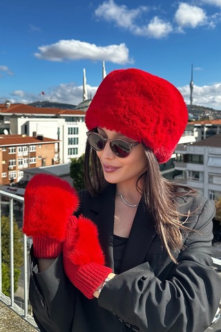 Mollycrush Kadın Kırmızı Kalpak Ve Eldiven Set Kırmızı