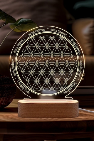 Yaşam Çiçeği Sembollü Kişiye Özel Ledli Gece Lambası Masif Ahşap Tabanlı Usb Kablolu Pleksi Led Gece Lambası