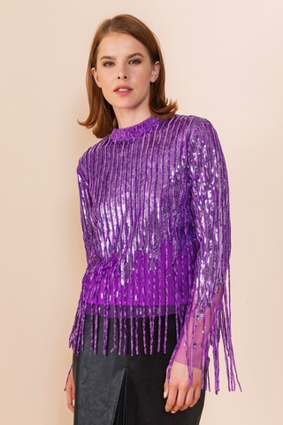 Sequin Detaylı Şık Bluz Zarif Taş Ve Püskül Detaylarıyla Modern Tasarım Mor