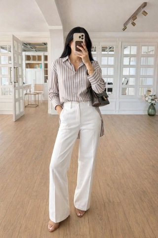 Lijuri Çizgili Oversize Basic Gömlek 3504 Mavi