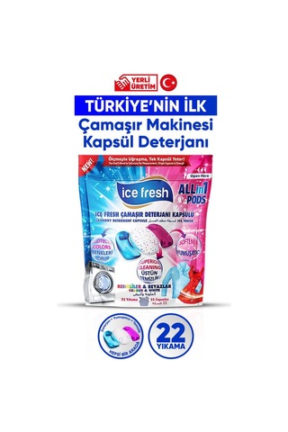 Ice Fresh Çamaşır Makinesi Deterjanı Hepsi Bir Arada Kapsülü 22 Yıkama Beyazlar Ve Renkliler Yerli Üretim 100 ML