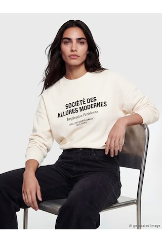 Lcw Vision Ekru Bisiklet Yaka Baskılı Oversize Kadın Sweatshirt