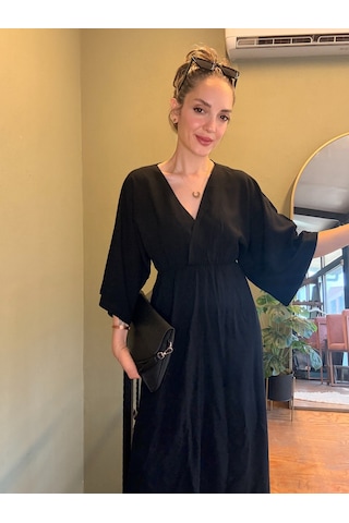 Ali Butik Siyah Yarasa Kol Kruvaze Yaka Viskon Elbise