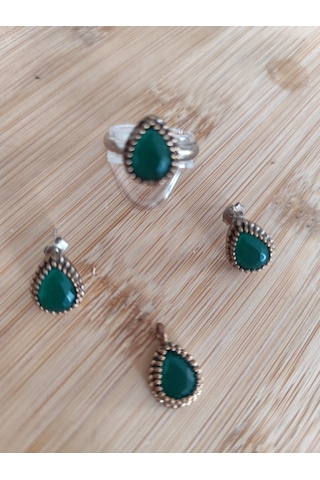 Zümrüt Damla Gümüş Takı Seti Set Muhteviyat 1 Cm En 2 Cm Boy Antik Gümüş