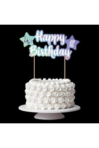 Kelebek Temalı Happy Birthday Kaligrafi Pasta Üstü Süs Tüm Yaşlar