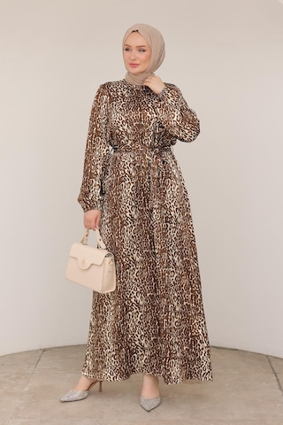 Armine Trend Leopar Desenli Beli Kemerli Elbise Kahverengi 24kt904 Kahverengi