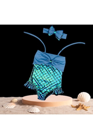 Kız Çocuk Balıksırtı Parlak Renk Geçişli Göğüs Fiyonk Detay Boyun Bağlama Mayo Çok Renkli