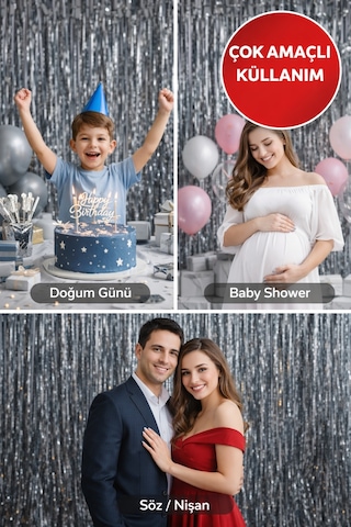 Metalik Gri Parlak Parti Perdesi 100x200 Cm Doğum Günü, Baby Shower, Fotoğraf Arka Fon 100 200