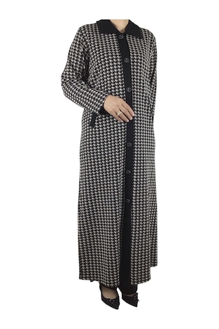 Kadın Desenli Önü Düğmeli Cepli Çelik Örgü Pardesü Siyah