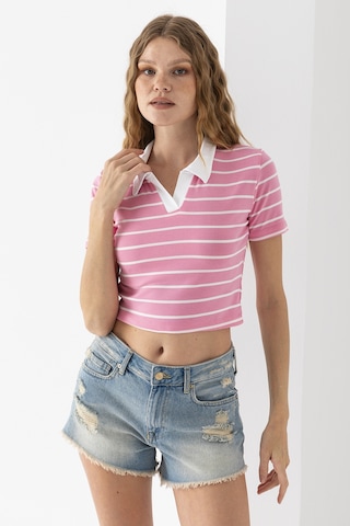 Giysa Kadın Polo Yaka Çizgili Pamuklu T-shirt Pembe Beyaz - 25795 Pembe - Beyaz