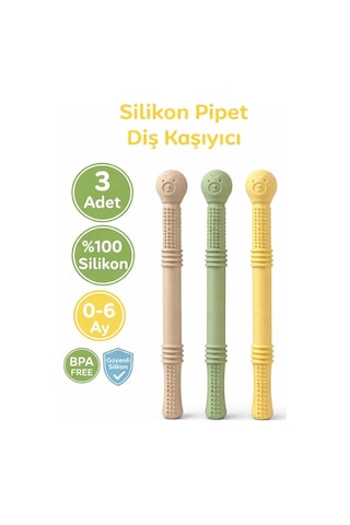 Bebek Diş Kaşıyıcısı Silikon Pipet & Diş Kaşıyıcı Set 3 Lü Bej, Yeşil & Sarı Dişlik Çiğneme Tüpü Pipet Yeşil - Sarı