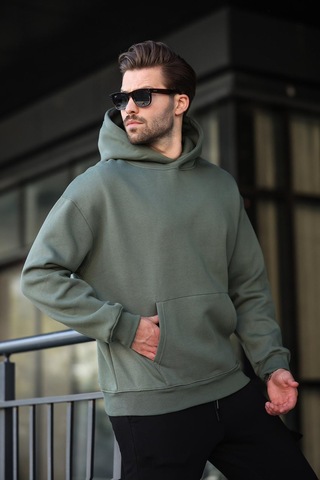 Haki Kapüşonlu Kanguru Cep Erkek Sweatshirt E7169 Haki
