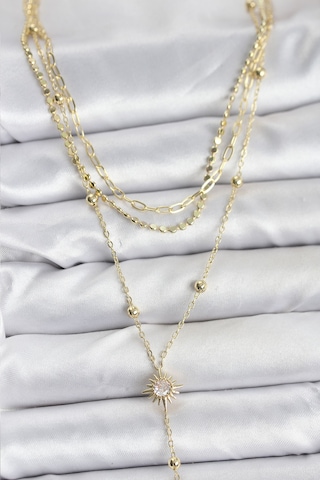 Zarif Boyunlar İçin Golden Pirinç Güneş Üçlü Kombin Kadın Kolye Standart