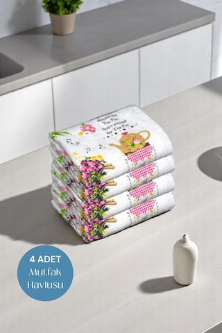 4lü Paket Baskılı Beyaz Mutfak Havlusu Modeli Bisikletli Kız