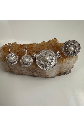 İnci Ve Zirkon Taşlı Gümüş Set Takım 925 Ayar 23,48 Gram