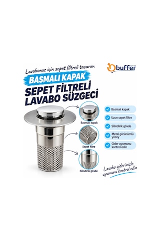 Buffer Sepet Filtreli Basmalı Lavabo Gider Süzgeci, Uzun Silindirik Filtreli Lavabo Tıpası, Saç Ve Kalıntı Toplayıcı Gid