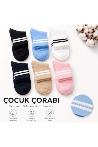 Ciho Socks Daily 6 Çift Çocuk %100 Pamuk Çizgili Tenis Okul Kolej Çorabı Pembe