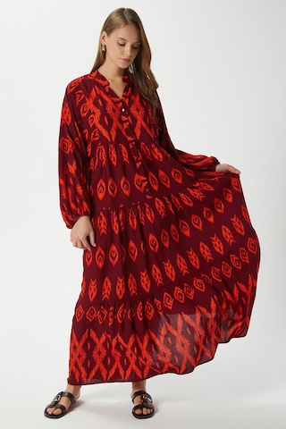 Modest Megan Turuncu Kadın %100 Viskon Maksi Boy Katlı Balon Kol Uzun Yazlık Elbise Turuncukırmızı