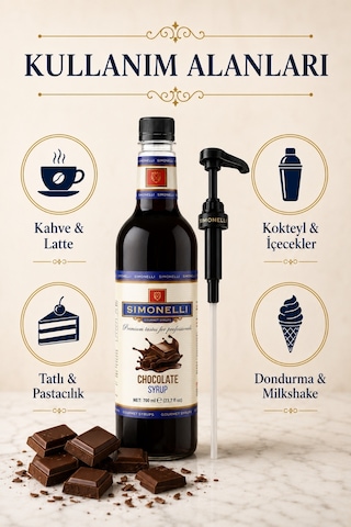 Simonelli Çikolata Aromalı Kahve ve Kokteyl Şurubu 700 ML + Şurup Pompası - Mocha Sıcak Çikolata Latte ve Frappe Şurubu